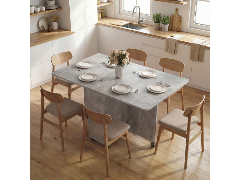  Table de salle à manger pliante sur roulettes avec 2 tiroirs, 2 portes et un placard, en bois, 140 x 76 x 74 cm, gris ciment  - Conforama C