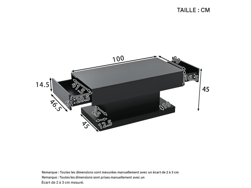  Table basse avec 2 tiroirs et led en panneau de particules noir 100x50x45 cm - pangivo  - Conforama C