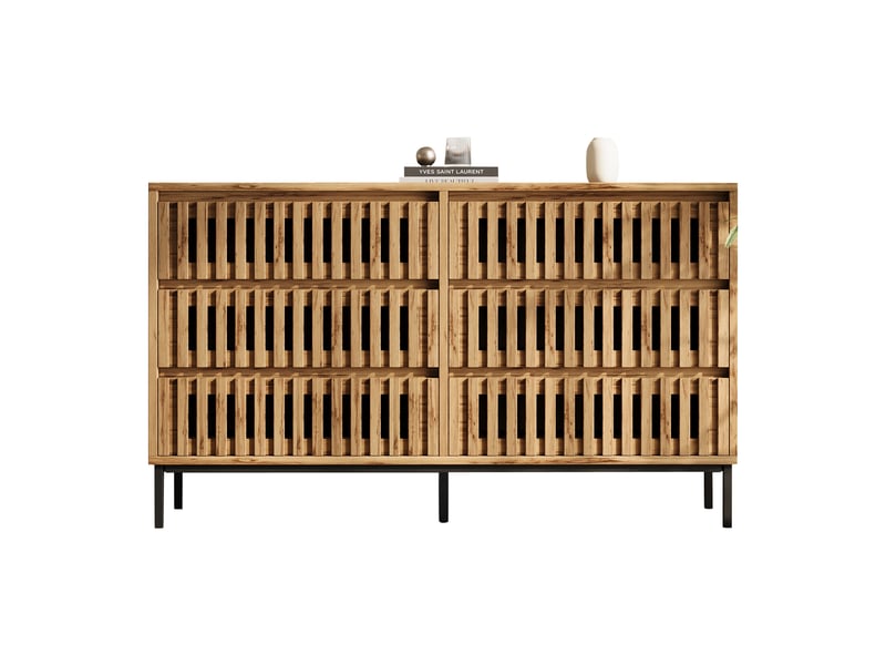 Commode 6 tiroirs à lattes pour chambre en mdf et panneaux de particules 120×40×81 cm naturel  - Conforama A