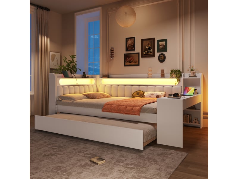 Lit banquette gigogne rembourré 140x200 cm, couchage 90x190 cm, bureau et étagères intégrés, led 7 couleurs, usb, tissu en lin blanc Radiant Stride - Conforama B