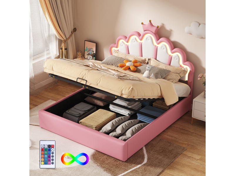  Lit coffre 140x200 cm forme nuage avec led, pu, rose, sans matelas  - Conforama B