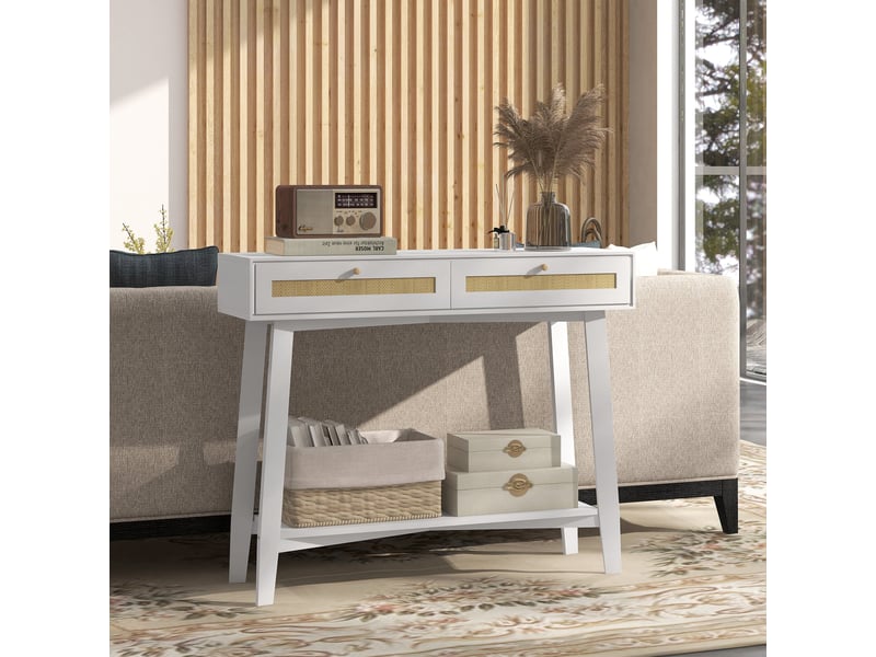  Console d'entrée avec 2 tiroirs, design rotin et étagère ouverte, 100 x 30 x 81 cm, blanche  - Conforama D