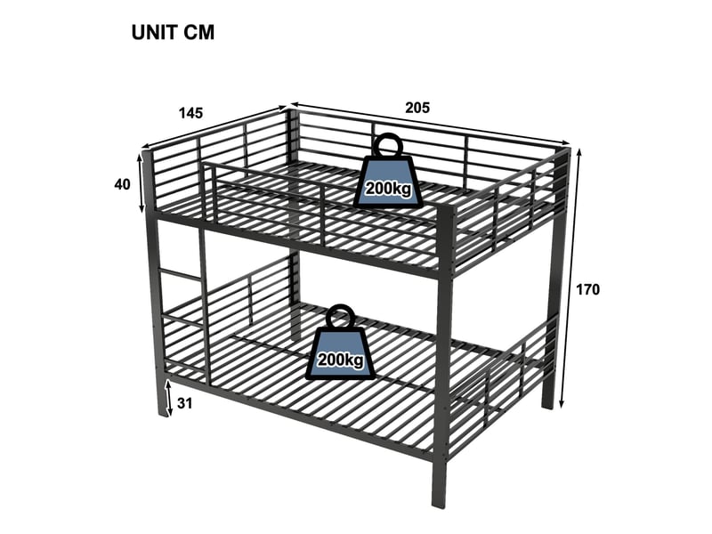  Lit superposé 140x200 cm en métal, structure renforcée 400 kg, sans bruit, barrière de sécurité haute, idéal appartements, noir Radiant Stride - Conforama C