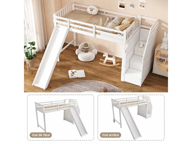  Lit mezzanine enfant 90 x 200 cm avec toboggan, escalier de rangement, pin massif et mdf, blanc, sans matelas  - Conforama W