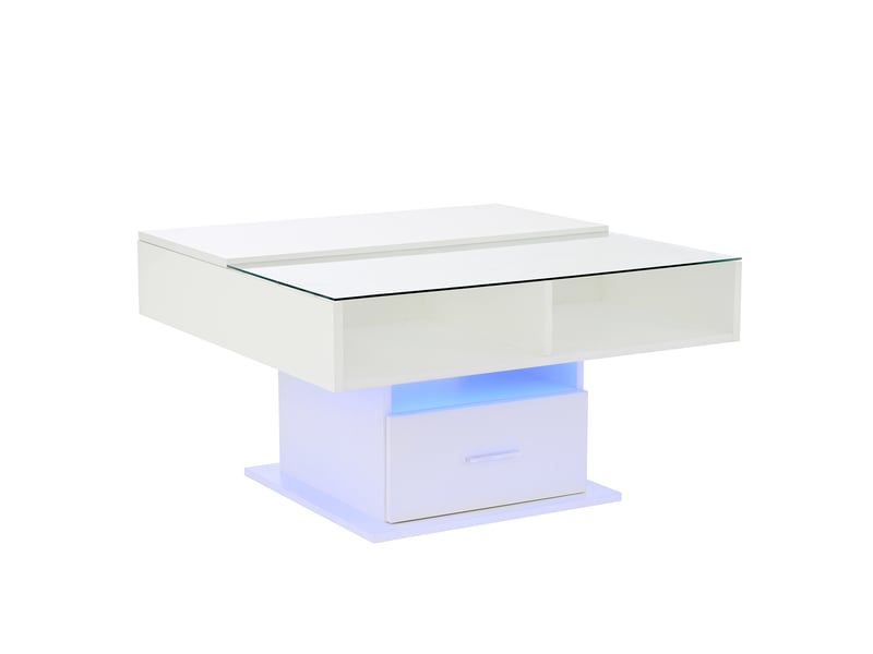  Table basse relevable carrée 78x78 cm avec éclairage led rvb connecté – table de salon laquée blanc brillant avec tiroir et rangements cachés – blanc  - Conforama D