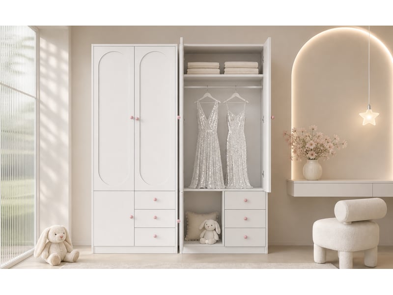 Armoire 2 portes avec tiroirs, penderie, finition blanche, poignées roses, grand rangement, 2 pièces - Conforama E