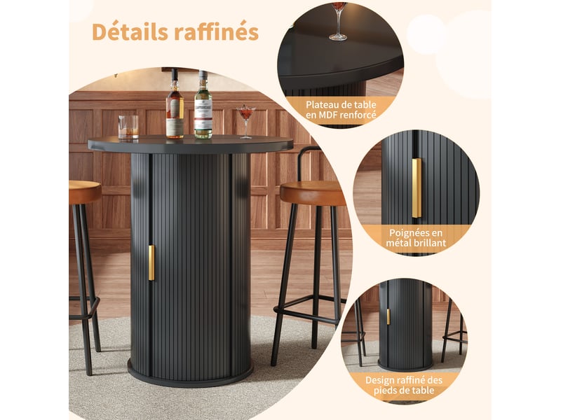  Table de bar, 60x60x91,6 cm, ronde avec espace de rangement, design moderne, plateau mdf, piètement métal, coloris noir  - Conforama D