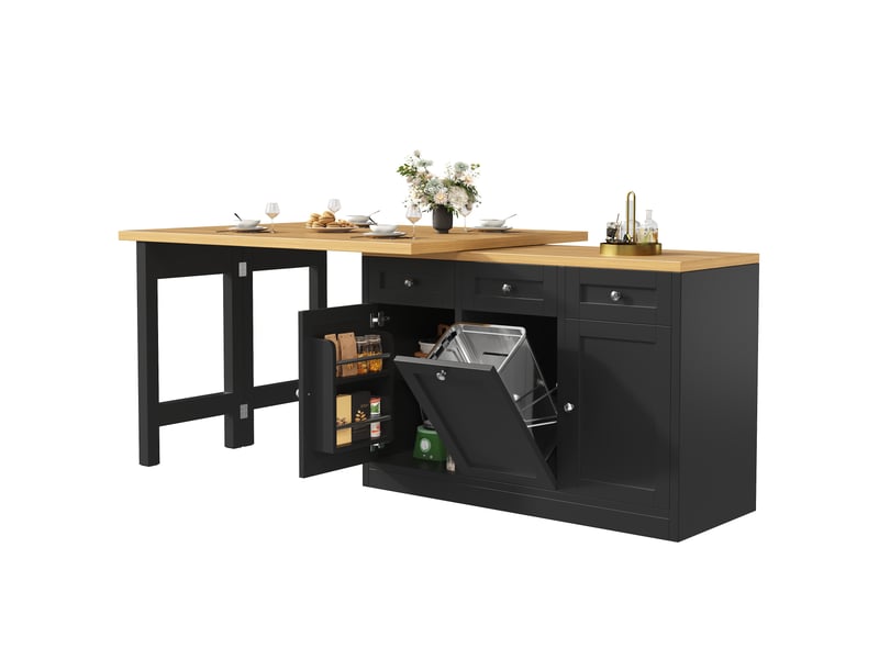  Table de bar extensible, îlot de cuisine avec rangement, table pliante, tiroir, support poubelle coulissant, mdf, noir Bubbly - Conforama A