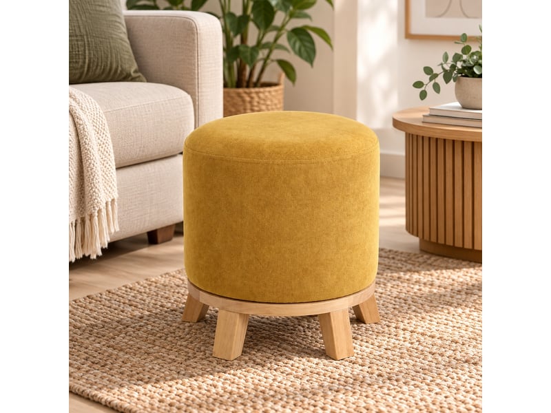 Pouf rond rembourré en chenille avec piètement en bois, coloris jaune - diamètre 40 x hauteur 45 cm - Conforama B