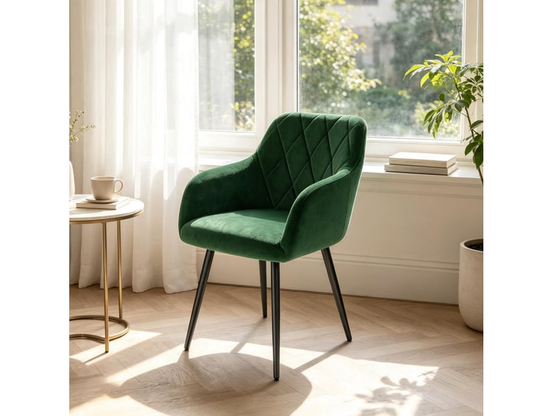  Chaise de salle à manger avec accoudoirs en velours vert foncé et pieds en métal  - Conforama C