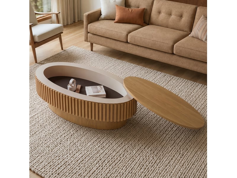  Table basse ovale cannelée 105.0x25.0x67.0 cm avec rangement caché en bois et mdf coloris naturel  - Conforama B