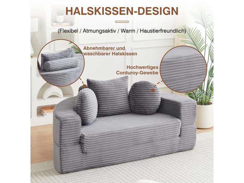 Canapé-lit 4 en 1 polyvalent pour petits espaces, utilisable comme canapé semi-rond ou lit de jour rond, deux coussins ronds et un coussin carré - Conforama E