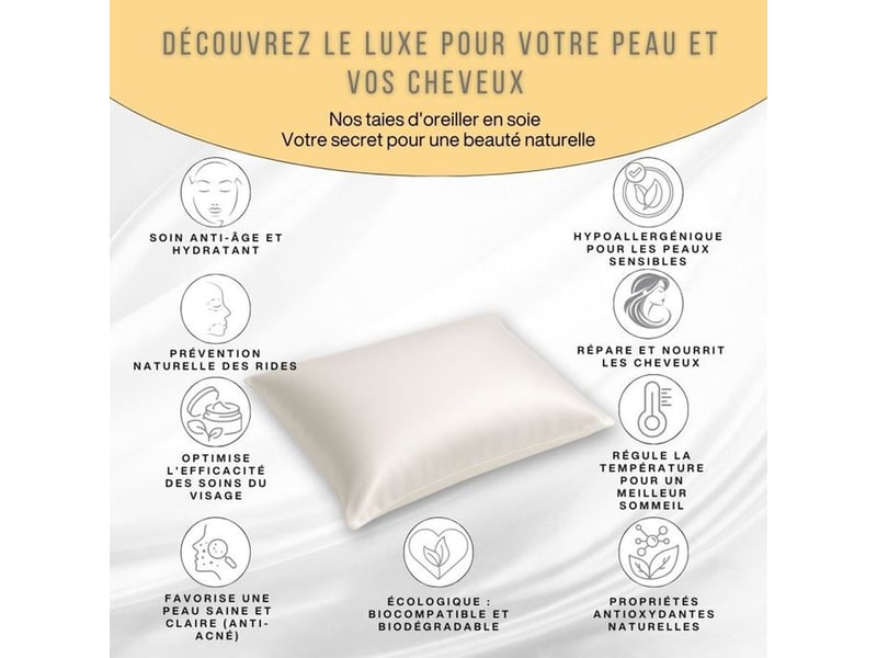  Taie d oreiller soie de mûrier 22 momme 60x40 cm ivoire silvadur 930 flex anti age  - Conforama D