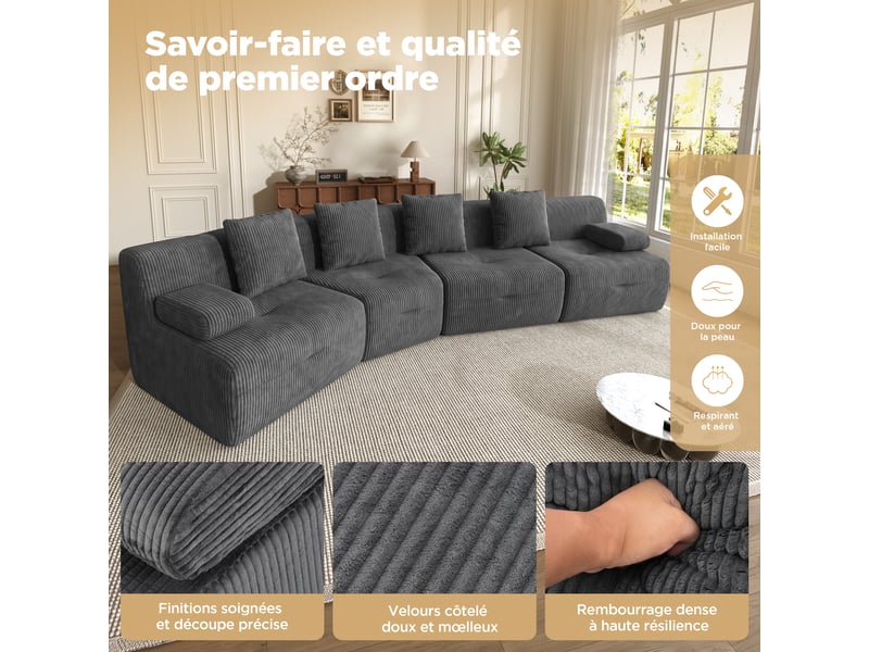 Canapé modulable 4 places, canapé en velours côtelé gris foncé, 4 modules indépendants sans montage, 311x90x65cm, pour salon moderne. - Conforama C
