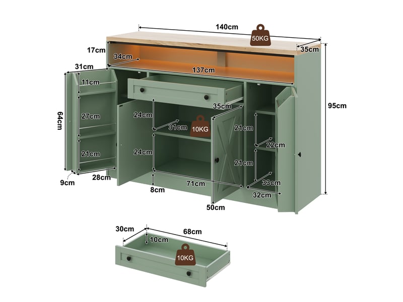  Buffet de cuisine 140x35x95 cm - éclairage led - grand rangement - commande par application - 4 portes - avec tiroirs - mdf - vaisselier - vert CozyNest - Conforama D