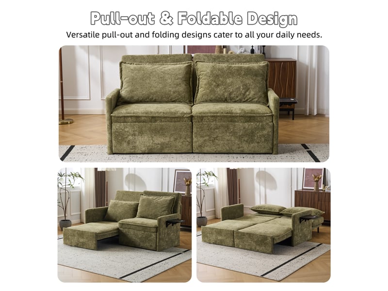  Canapé convertible 3-en-1 à dossier réglable 5 positions  - ports usb-c, poches latérales, chenille - vert  - Conforama C