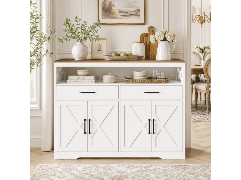  Buffet de cuisine, salle à manger, meuble de rangement avec 2 tiroirs et 3 portes, étagère réglable, pour cuisine, salon, 140x40x105 cm, blanc  - Conforama D