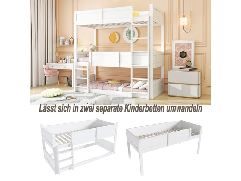  Lit superposé 3 places 90x200cm couchages bois massif - lit superposé enfant - blanc, séparable, gain de place, barrière de sécurité  - Conforama D