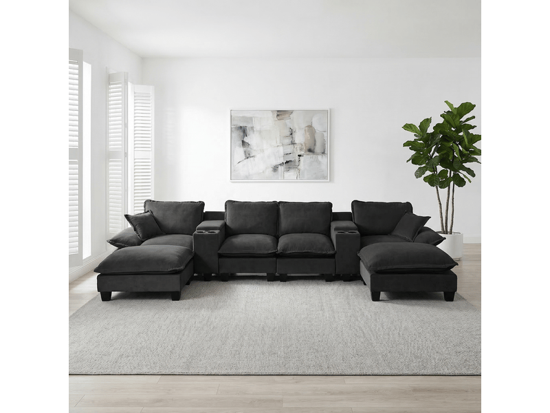  Canapé panoramique en u modulable avec rangement, usb et porte-gobelets - 2 ottomanes, chenille noir  - Conforama B