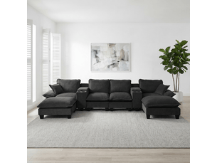 Canapé panoramique en u modulable avec rangement, usb et porte-gobelets - 2 ottomanes, chenille noir