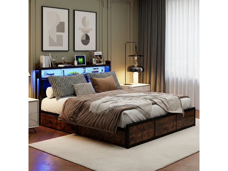  Cadre de lit 140x200cm en métal, lit avec sommier à lattes et 4 tiroirs, tête de lit avec rangement et éclairage led, lit capitonné pour adultes et adolescent  - Conforama C
