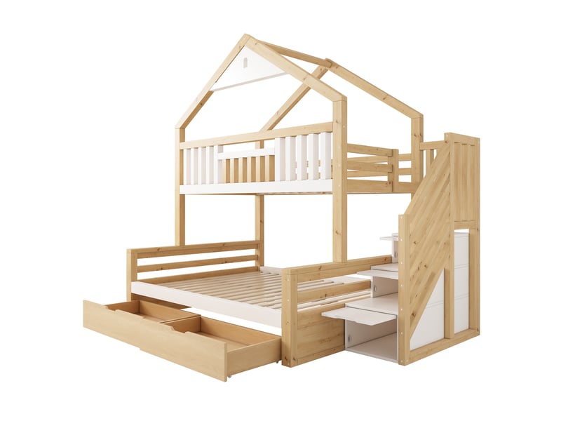  Lit superposé enfant 90×200/140×200 cm avec escalier et 2 tiroirs, blanc et chêne  - Conforama E