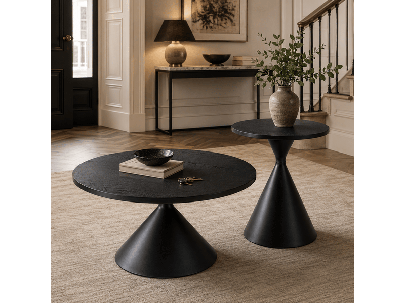  Table basse fixe et table d'appoint rondes, lot de 2 avec plateaux effet bois noir et piètements en acier pour salon  - Conforama D