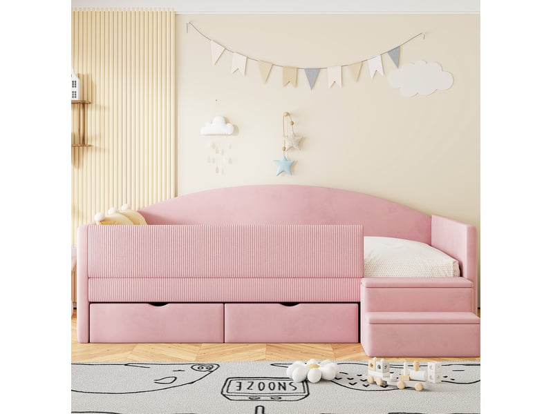  Modenvie lit enfant 90x190 cm - avec 2 tiroirs, marches antiderapantes, sans matelas - rose  - Conforama D