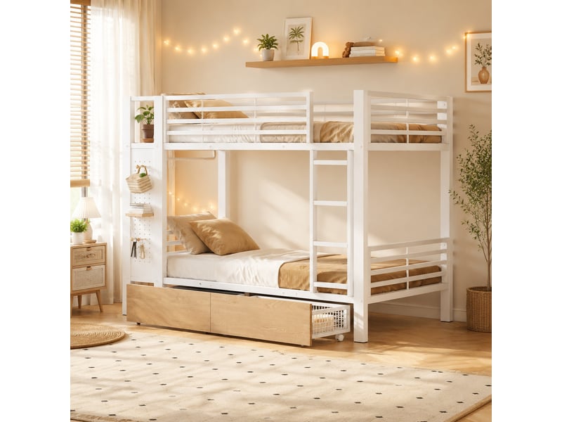  Lit superposé 90 × 200 cm avec led, 2 tiroirs, rangement latéral et sans matelas, blanc  - Conforama B