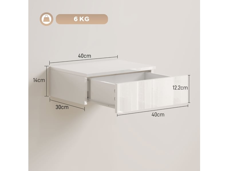  Ensemble de 2 tables de nuit flottantes, design mural, tiroir, pour chambre à coucher, panneaux de particules, blanc  - Conforama E