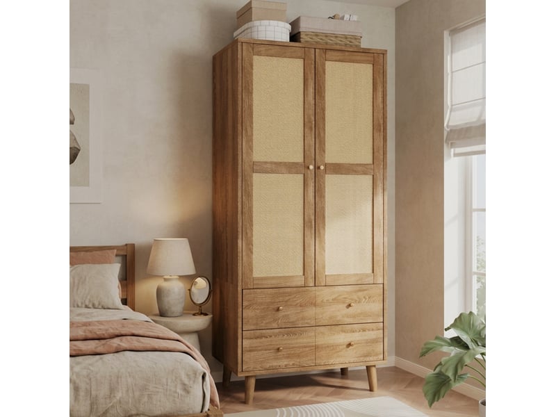  Armoire 80x50x180 cm avec penderie et 2 tiroirs, effet bois foncé et rotin  - Conforama D