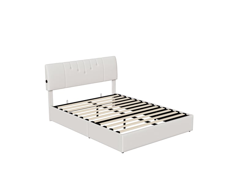  Lit coffre hydraulique 140 x 190 cm-blanc - lit double rembourré en tissu bouclette avec tête de lit réglable et ports usb  - Conforama A