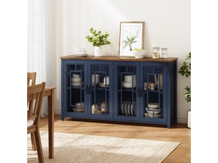 Buffet 160 cm avec portes vitrées, plateau effet bois, mdf bleu