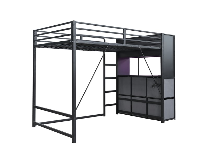  Lit mezzanine 120x200 cm avec rangement, éclairage et station de charge, noir gris, sans matelas  - Conforama R