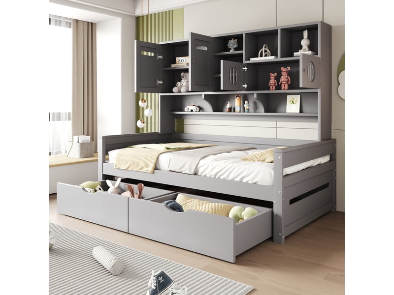  Lit avec rangement 90x200cm coloris gris bois massif lit enfant gris - Conforama B