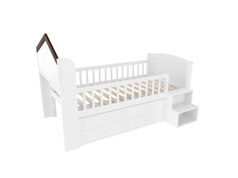 Lit mezzanine 90x200 cm, 4 tiroirs et échelle avec étagères, led, en bois, blanc, sans matelas - Conforama D