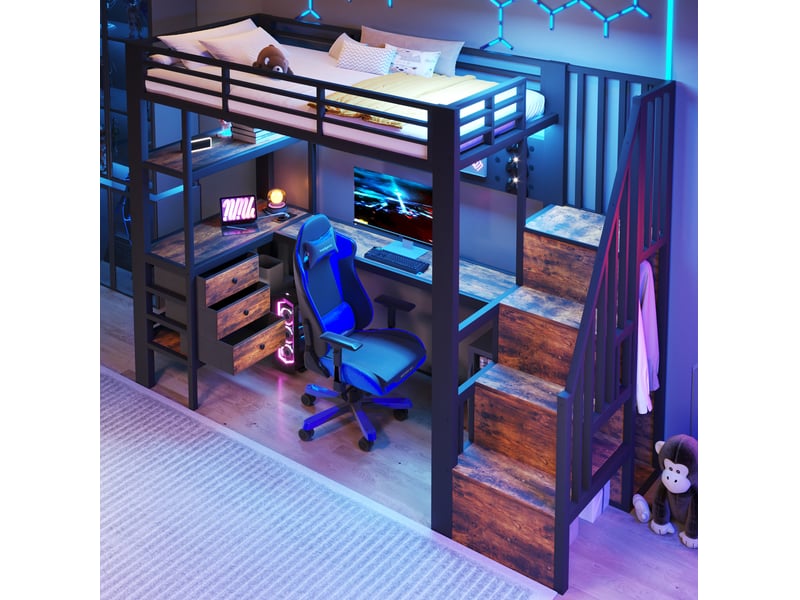  Modenvie lit mezzanine 90x200 cm - avec bureau, rangements et led, sans matelas - noir  - Conforama E