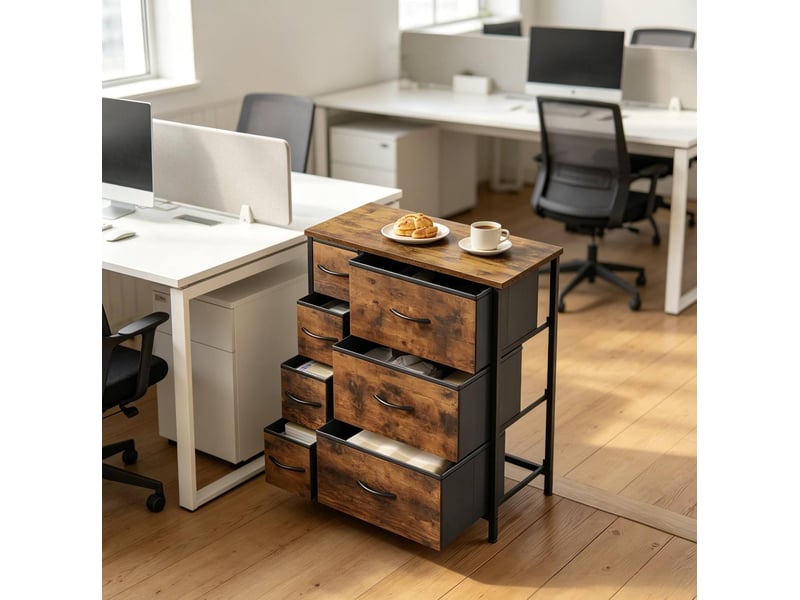  Meuble de rangement 63.5x30x73 cm, 7 tiroirs en tissu, bois d’ingénierie et métal brun rustique  - Conforama D