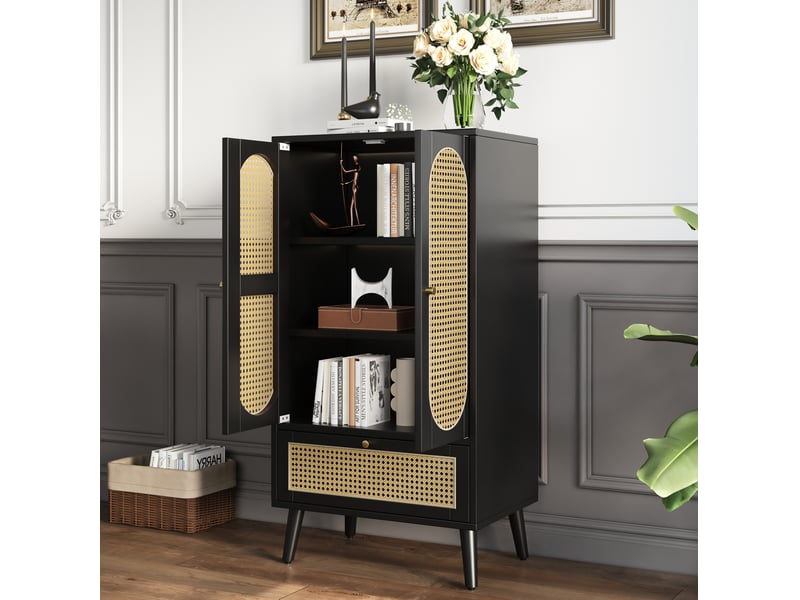  Buffet haut 60 x 40 x 110,5 cm, 2 portes, 1 tiroir, rotin noir, pieds réglables  - Conforama E