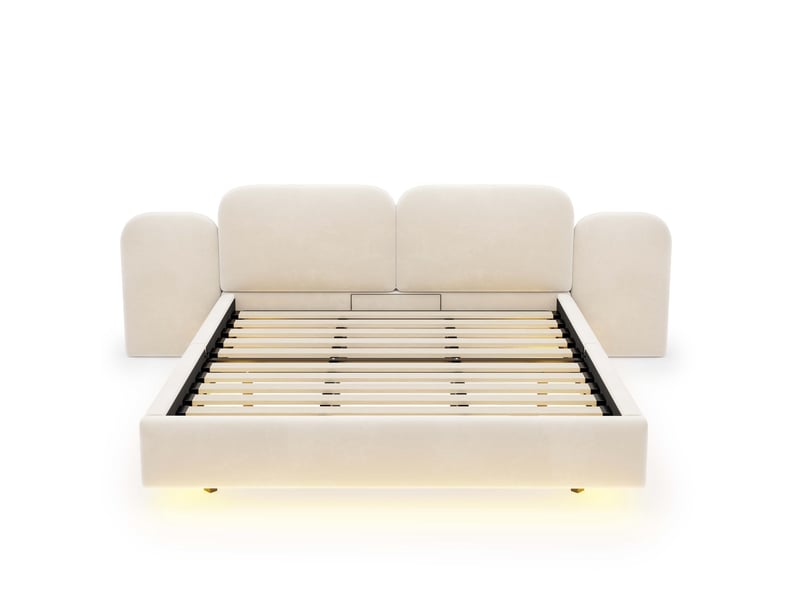 Lit capitonné 180 x 200 cm, avec rangement hydraulique, bande lumineuse led, port de chargement, tête de lit unique, volumineuse et confortable, sommier à lattes stable, revêtement en velours beige - Conforama E