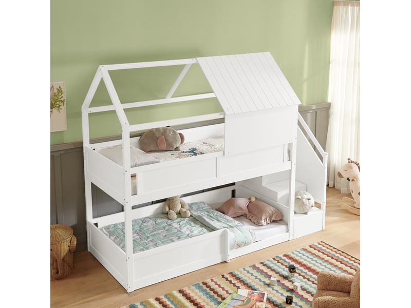  Lit superposé 2 couchages 80 × 200 cm en bois avec toit, barrières et escalier pour chambre d'enfant, blanc  - Conforama E