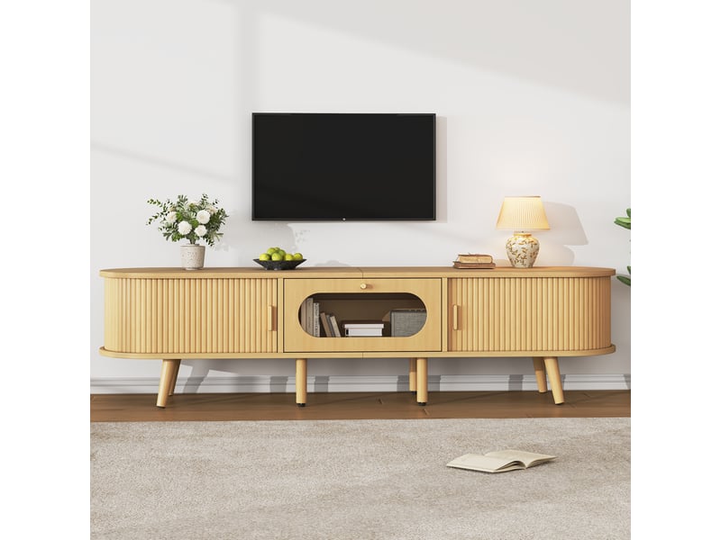  Meuble tv en mdf, 2 portes coulissantes, tiroir acrylique, 8 pieds, bois naturel, pour tv 70 pouces, 170 x 40 x 43 cm  - Conforama B