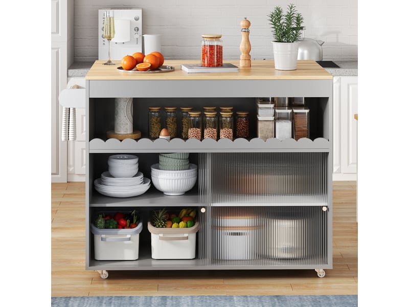  Îlot de cuisine roulant gris 122 x 46 x 91 cm – avec plan de travail rabattable imitation chêne, portes coulissantes en verre, 5 roulettes dont 2 freinées TG Store - Conforama E
