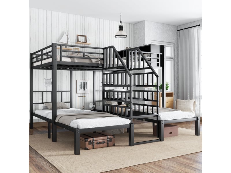  Lit superposé 3 places 90x200 &amp; 140x200 cm, lit triple d'angle gain de place avec escalier de rangement et barrière de sécurité, noir  - Conforama C