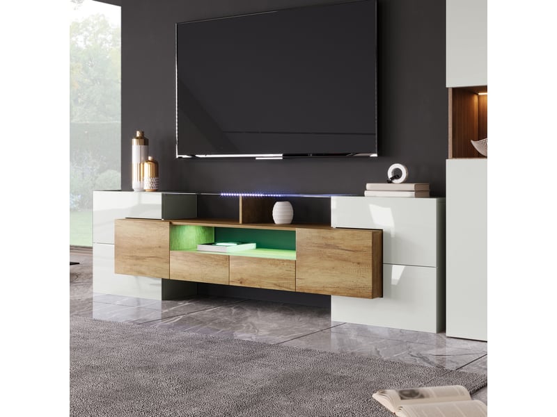  Meuble tv 200 cm – blanc laqué, led app, 6 portes + 2 tiroirs  - Conforama B
