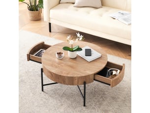 Table basse ronde 2 tiroirs, design bois moderne, pieds métal noir, style ferme vintage, rangement pratique, finition chêne naturel