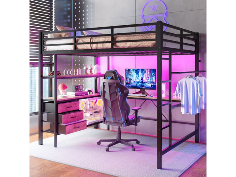 Lit mezzanine 140x200 cm coloris noir led métal lit enfant noir - Conforama B