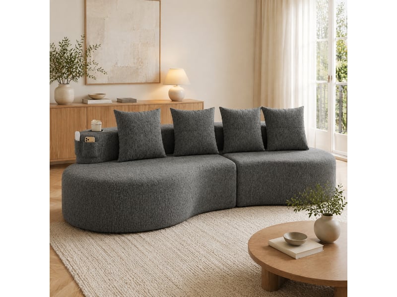  Canapé 3 places en tissu de lin gris foncé avec 4 coussins, porte-gobelets et poches latérales  - Conforama D