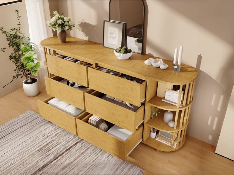  Commode à 6 tiroirs, 75×160×40 cm, design romain avec colonnes et étagères en bambou, pieds réglables en hauteur  - Conforama B