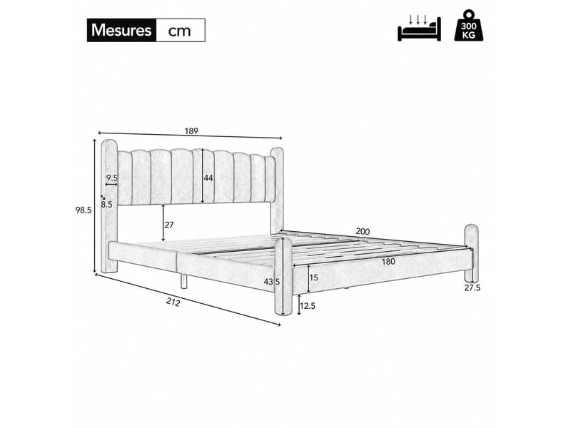  Lit adulte 180x200 cm en velours beige avec tête de lit et sommier à lattes  - Conforama W